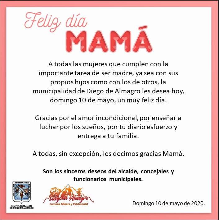 ¡Feliz día a todas las mamás de nuestra comuna!
<a href="/DiegoAlmagr/">diego de almagro</a> <a href="/chanarcillo/">Diario Chañarcillo</a> <a href="/RADIONOSTALGICA/">Radio Nostálgica</a> <a href="/RNuevoMundo/">Radio Nuevo Mundo 🎙️</a> <a href="/jjcc_chile/">Juventudes Comunistas de Chile</a> <a href="/Salvador_Chile/">El Salvador Chile</a> <a href="/Elsalvadorcl/">EL Salvador Chile</a> <a href="/elsiglochile/">El Siglo</a> <a href="/cotoravg/">Rodrigo_Copiapino</a>