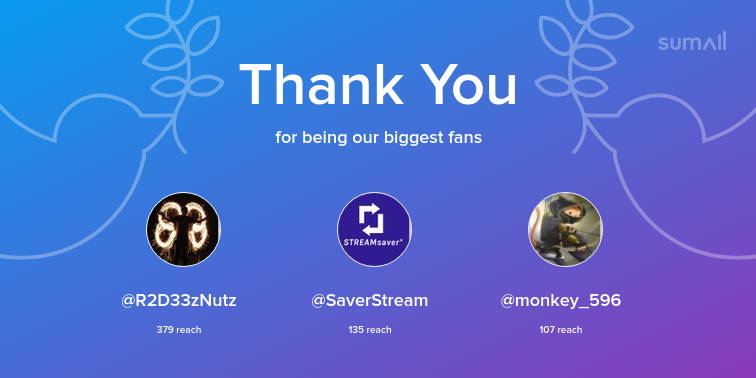 Our biggest fans this week: R2D33zNutz, SaverStream, monkey_596. Thank you! via sumall.com/thankyou?utm_s…