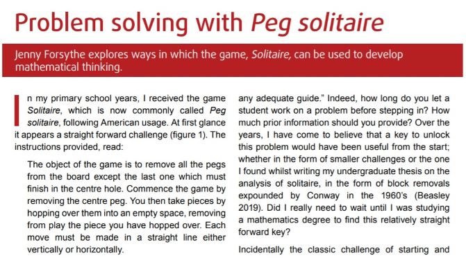 ATMMathematics's tweet photo. Here in the latest FREE #MayMTMonth daily article from @ATMMathematics  - from MT Journal Issue 267 - we look at how the peg solitaire game can aid #mathematical thinking 
https://t.co/YtGdy9ePyL https://t.co/a9oWNpyKu2