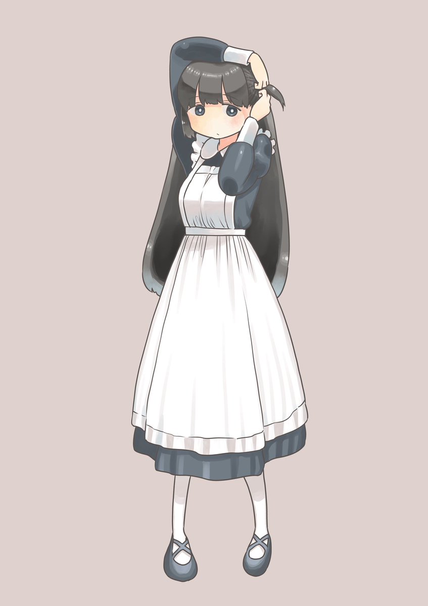 1girl solo long hair maid black hair apron simple background  illustration images