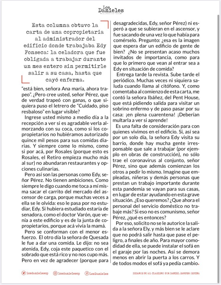 losdanieles's tweet photo. #DigamosNoAlClasismo de @DanielSamperO 

Es la carta ficticia de una vecina al administrador del edificio donde estaba Edy Fonseca, la celadora que fue obligada a trabajar durante un mes entero sin permitirle salir de su casa, hasta que cayó enferma.

#LosDanieles https://t.co/hRP2sjxSCz