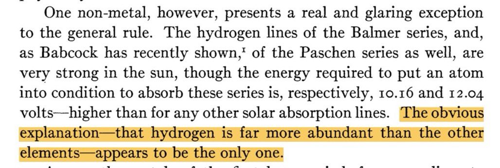 He cites Payne when discussing heavier elements, but when he arrives at the surprising result on the abundance of Hydrogen — a major discovery — he fails to mention that he convinced Payne to leave it out of her thesis. Maybe I'm missing something, or he gave credit elsewhere.