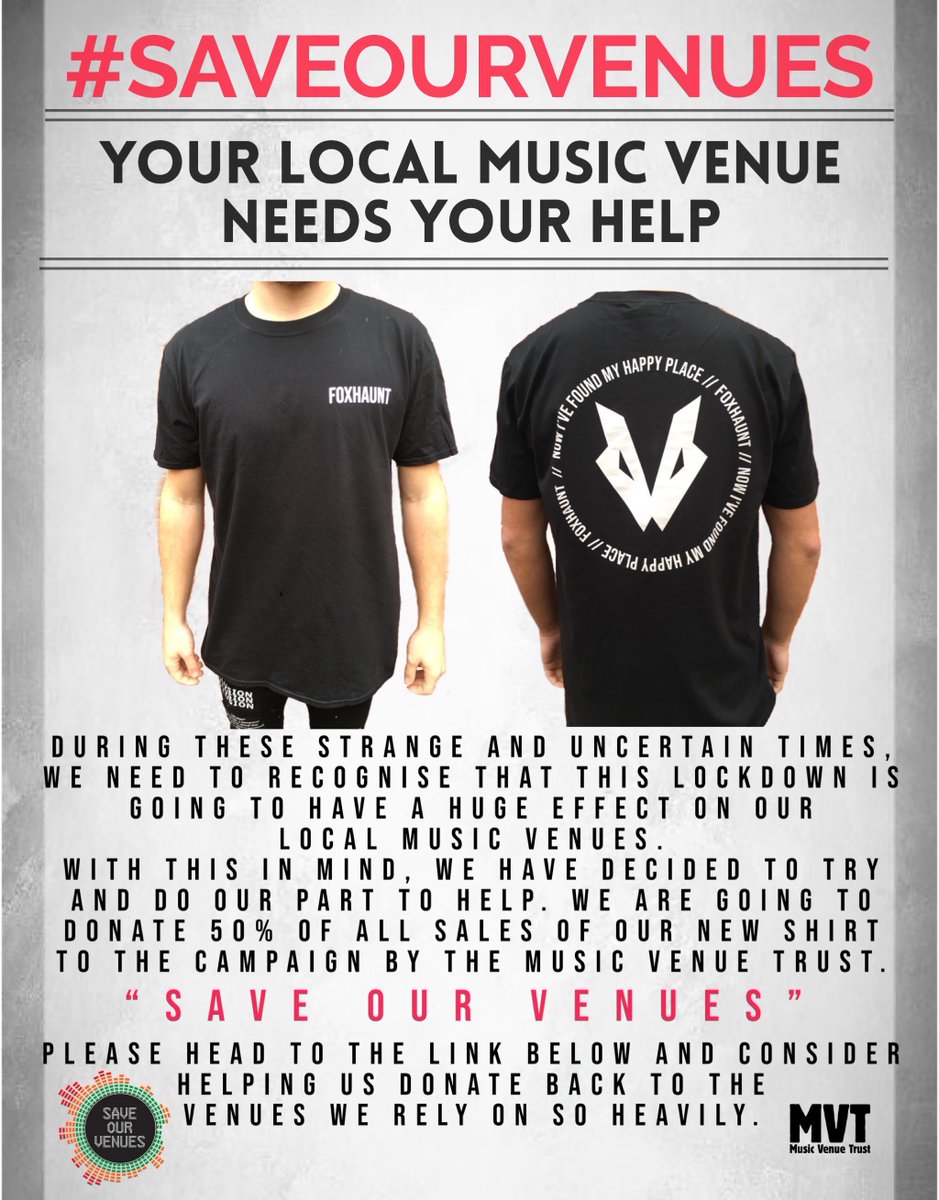 foxhauntband's tweet photo. NEW MERCH NOW AVAILABLE 

We will be donating 50% of all purchases of our 'Trust No One' shirt to @musicvenuetrust for the #saveourvenues campaign.

Available now via 👉 https://t.co/aQJFG7VH4T

Big thanks to @pinsandknucklesmerch for sorting these top quality shirts out for us. https://t.co/YCrkuzyI0V
