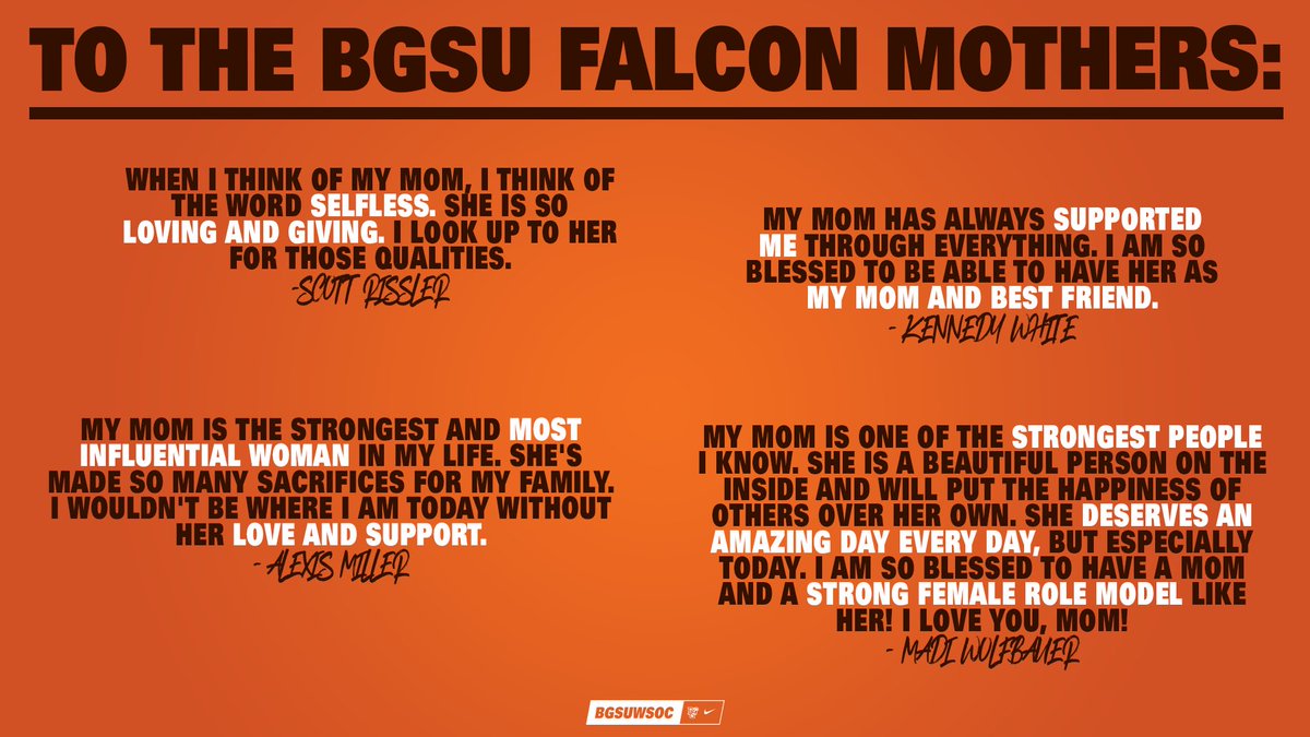 BGSU_WSoccer's tweet photo. Happy Mother’s Day to our Falcon Moms! Thank you for showing our student-athletes what it means to be strong, independent women! We couldn’t do it without you! 🧡 

#MothersDay 
#AyZiggy https://t.co/r1AuyYVcC9