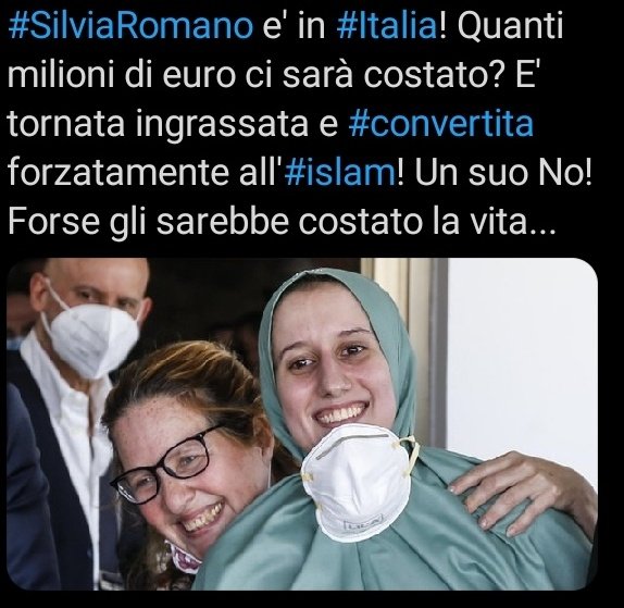 SaraRegazzo's tweet photo. Quanto ci e' costato liberare SILVIA ROMANO? quanti milioni di euro sono andati a intermediari e #terroristi?

Fino a che punto si può foraggiare i terroristi #islamici? https://t.co/2BmElwgfcU