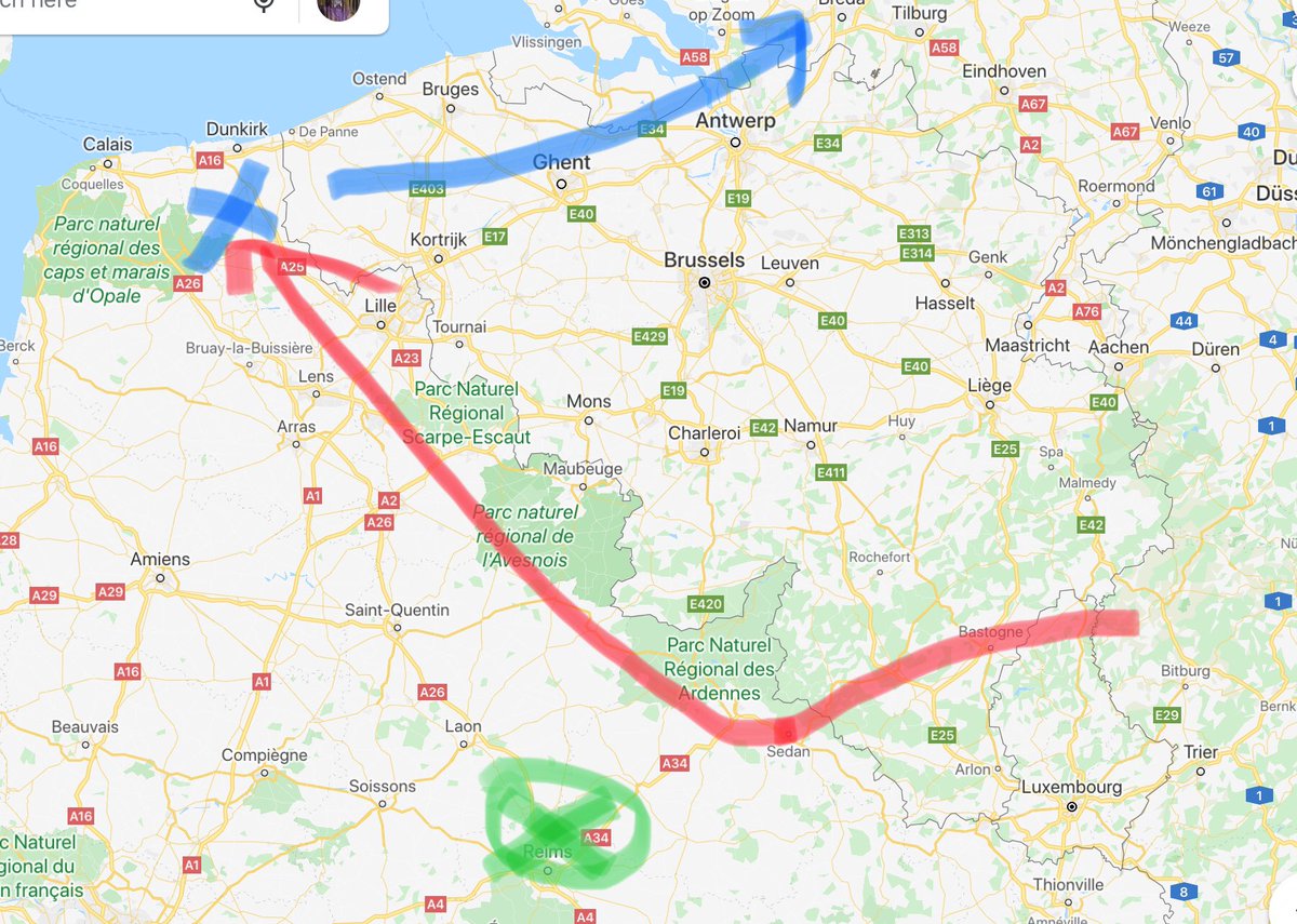 From the general reserve & moves it to the Channel to push past Antwerp to Breda. The location of 7 Army & planned movement is shown in Blue, the German attack in Red & where 7 Army should have been before the Breda variant is the Green marker. The well equipped and mobile