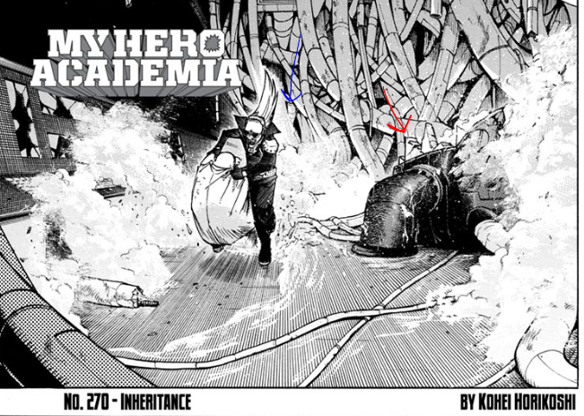Jump time, and MHA has a lot to get through with chapter 270, Inheritance. We can start with this - the machine X-Less gets distracted by is located roughly where I've drawn the blue arrow, while he's behind the remains of Shigaraki's tank, indicated in red