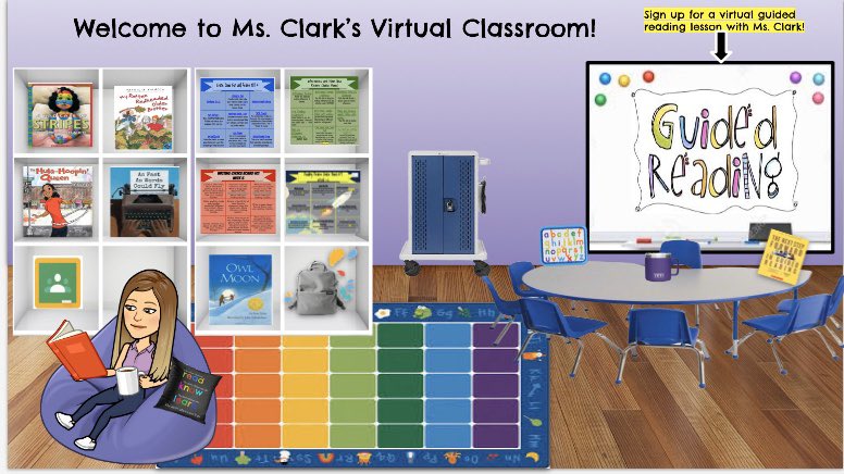 kayla_teaches5's tweet photo. Well, I did it. I joined the bitmoji party! Books, choice boards, sign-up forms, google classroom, and the @JCPSBackpack all linked for my students in a digital room that resembles our classroom! #JCPSDigIn #ThisIsHowINTI #JCPSGuidedReading https://t.co/3JZVBKjM8b
