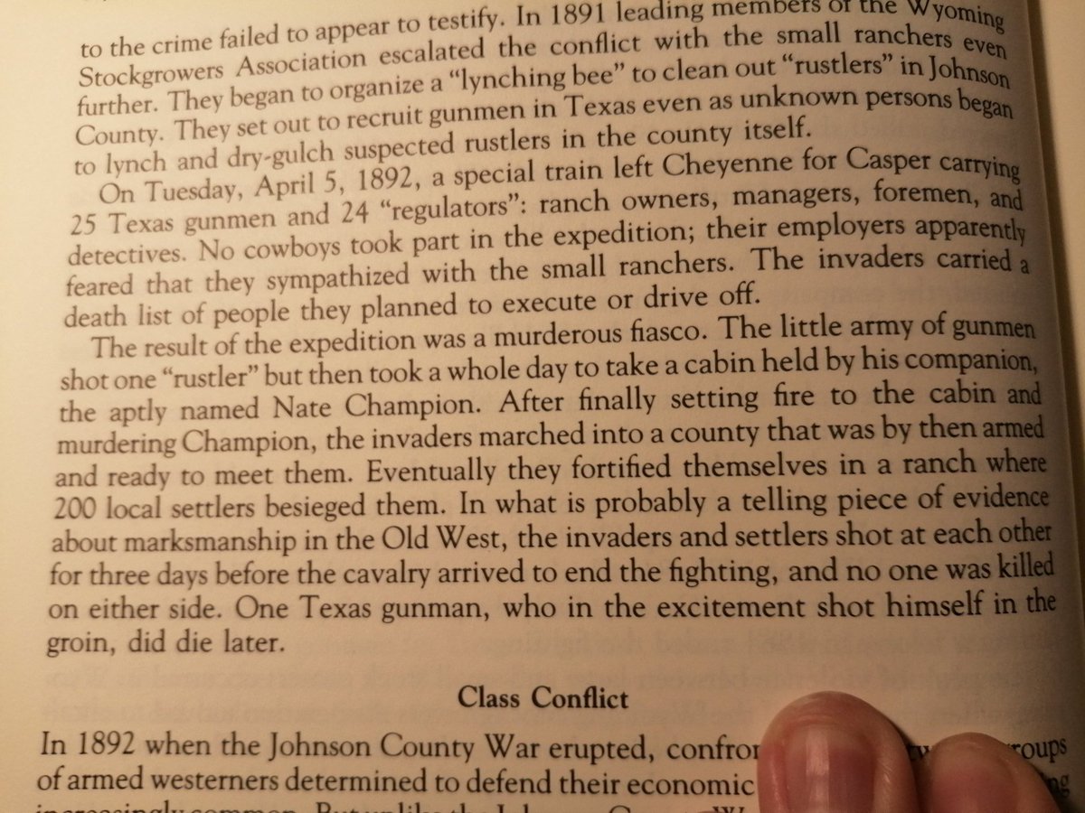 Amusing tidbits like this are why I study History. A conflict between an association of large cattle ranchers and smaller ranchers went on for three days when the former tried to lead an expedition to quash the latter group, but were eventually besieged.