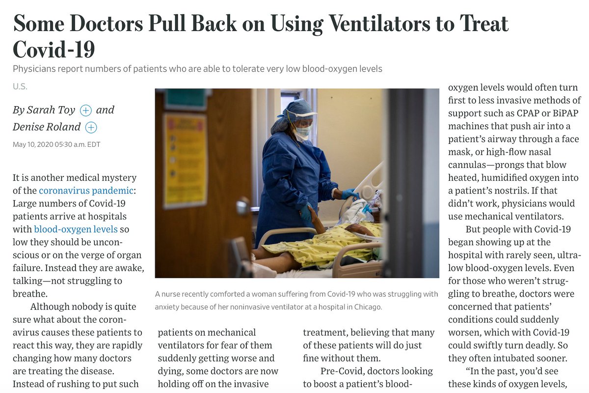 It's important to acknowledge that  #COVID19 is a new disease and we're still learning how best to treat it.Such as the threshold of using mechanical ventilators and tolerating low levels of blood oxygen in patients https://www.wsj.com/articles/some-doctors-pull-back-on-using-ventilators-to-treat-covid-19-11589103001 by  @sarahtoy17  @deniseroland