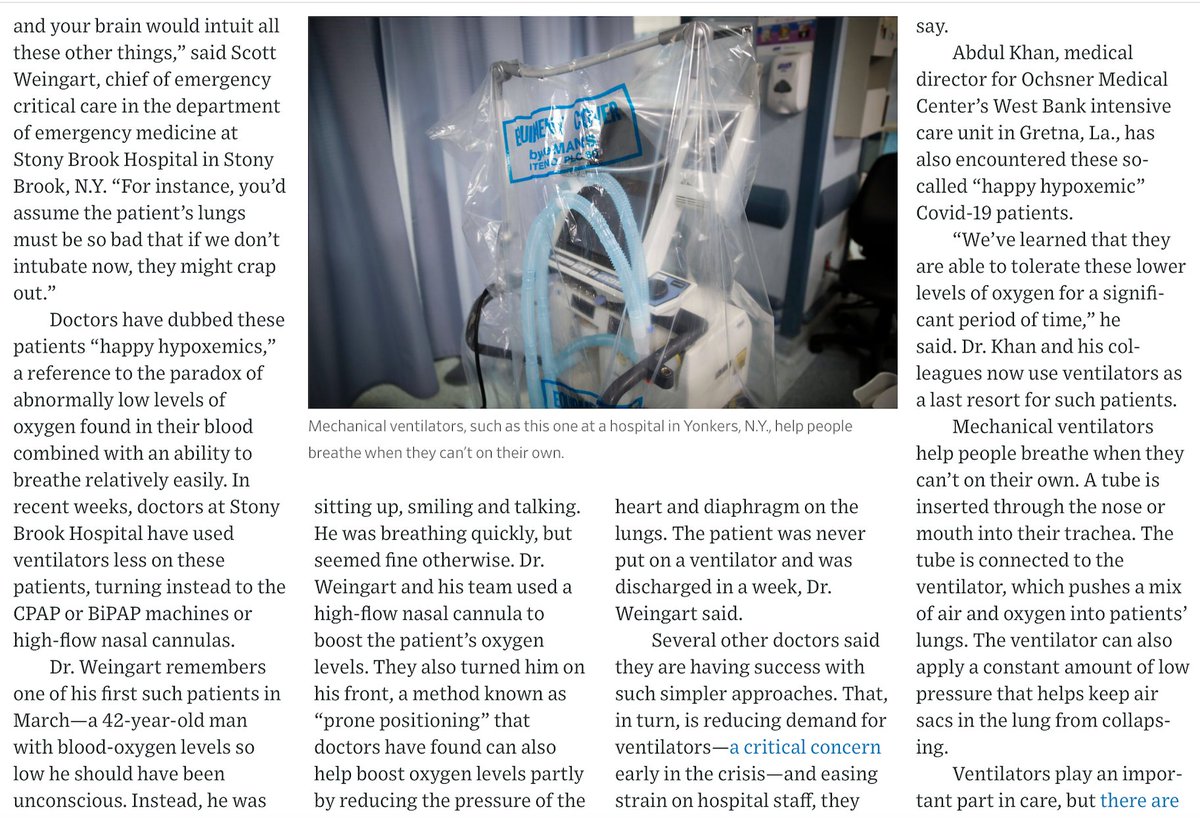 It's important to acknowledge that  #COVID19 is a new disease and we're still learning how best to treat it.Such as the threshold of using mechanical ventilators and tolerating low levels of blood oxygen in patients https://www.wsj.com/articles/some-doctors-pull-back-on-using-ventilators-to-treat-covid-19-11589103001 by  @sarahtoy17  @deniseroland