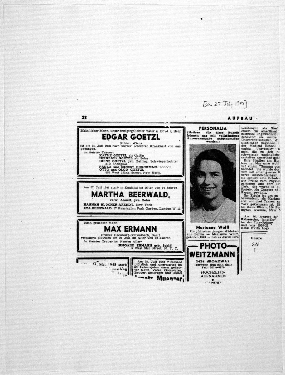 In the summer of 1948, Arendt was on vacation in New Hampshire, when she returned to NY to help her mother move and saw her off. When Arendt returned to New Hampshire, she received word Martha had died on board the Queen Mary on July 27th from a serious asthma attack.