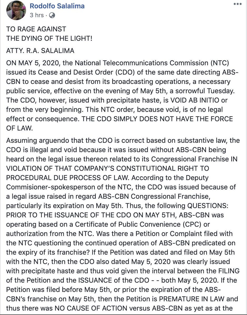 Former DICT Sec Rodolfo Salalima expresses legal view that NTC's cease and desist order vs ABS-CBN is void ab initio because it violated ABS-CBN's right to due process and NTC's own rules of procedure. Being void ab initio, he says CDO has no force of law. [A THREAD] 1/