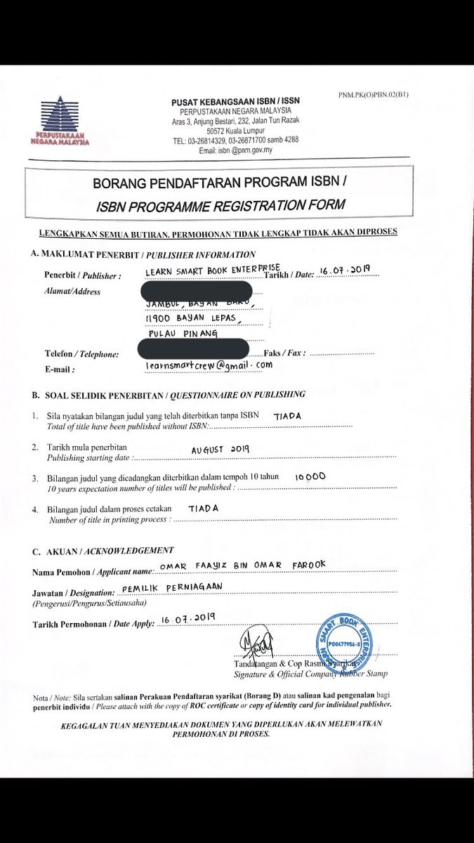 Lepas dah create SSM. Omar contact perpustakaan negara bahagian penerbitan untuk tanya pasal cara penerbitan buku. So kakak tu cakap la ada dua kaedah either pakai IC atau company. So since Omar ada company, Omar pakai company omar untuk create, kakak tu email form ini