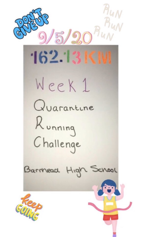 162.13km ran by staff and pupils in the Barrhead running group last week. Great start 💪🏼🏃🏻‍♀️. If any pupils or staff would like to join the running group google classroom contact me or @MrScottbarr. Thanks to Kira and Sophie for the calculations and poster 😀