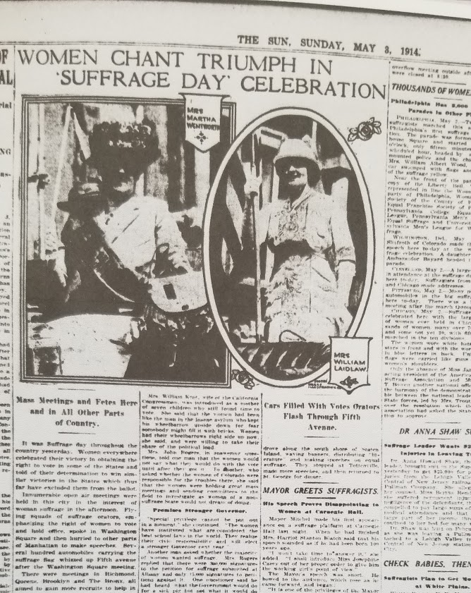 4/15 The New York Sun reported that cars filled with suffragists “flash through Fifth Avenue” while “flying squads of suffrage orators” whizzed throughout the city and across the state. (from  @librarycongress Chronicling America)