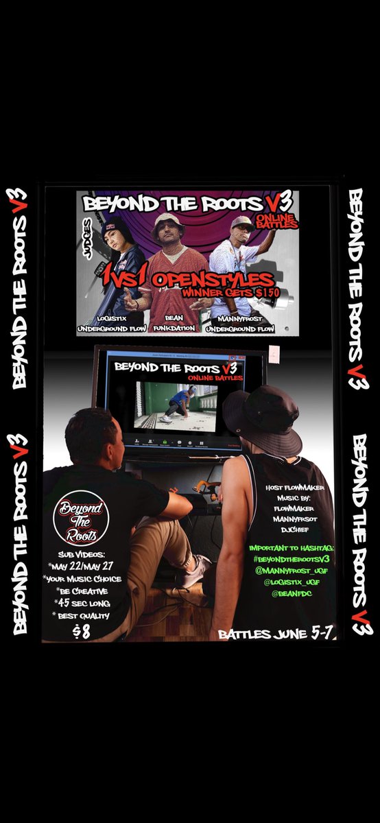 Mannyfrost_ugf's tweet photo. Beyond The Roots V3 OnlineBattles
          1vs1 OpenStyle Battles
               Winner $150
Date - June 5-7 2020
Inscription $8.00 (deadline may 27)
PayPal - noholdingback09@gmail.com
—————————————
Please subscribe to our Instagram page @beyond_the_roots for more details. https://t.co/d960PwqNPT
