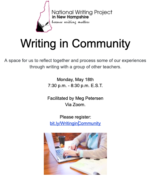 NWPNH (@nwpnh) on Twitter photo Register for our next Writing in Community session on May 18th here: bit.ly/WritinginCommu… #NWP #NWPNH <a href="/PlymouthState/">Plymouth State University</a> Register for our next Writing in Community session on May 18th here: bit.ly/WritinginCommu… #NWP #NWPNH <a href="/PlymouthState/">Plymouth State University</a>
