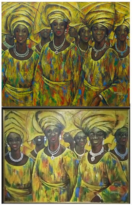 jesscastellote's tweet photo. Original work by Kolade Oshinowo (Owambe, 2015) and fake Kolade Oshinowo. Collectively, we need to do something to stop all the rampant forgeries... https://t.co/yUaKikLKWp