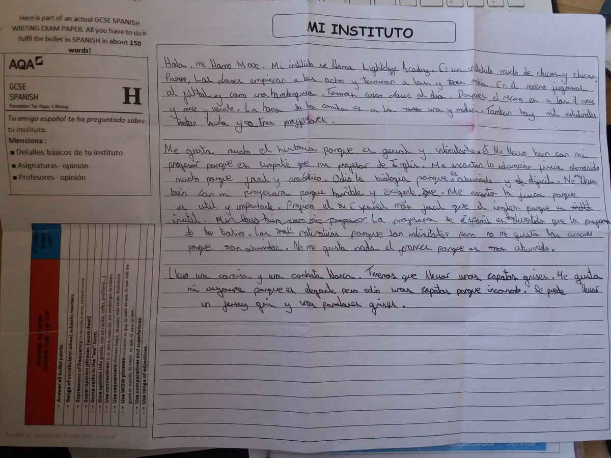 languages_la's tweet photo. ✨Outstanding Spanish writing task about School 📝🏫from our brilliant year 9 students Max Whitehead and Charley Grant. Well done! You are superstars! 🌟🌟👏🇪🇸 #KnowledgeOrganisers #School #GCSEspanish https://t.co/N2akHo3tHv