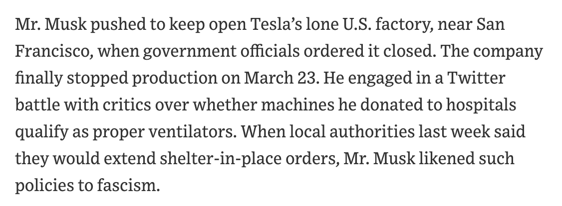 15/ Higgins notes early on that Musk "has blasted authorities over shelter-in-place rules." He returns to this later: