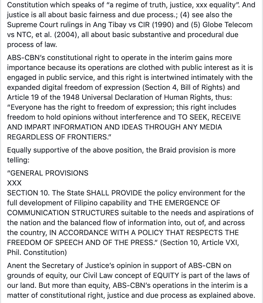 Salalima says ABS-CBN could continue operating even after lapse of franchise as a matter of legal right and in the interest of justice and due process. Although franchise is a privilege, once it's granted and grantee infuses investments, it becomes vested consti property right 5/