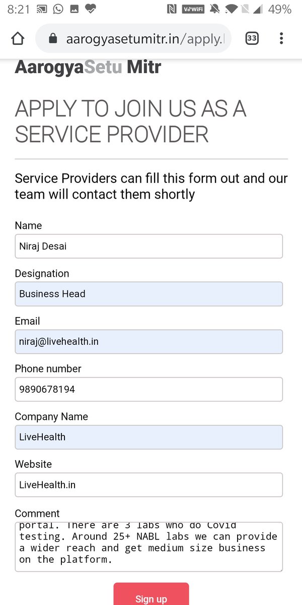 NJDesai's tweet photo. @SetuAarogya  unable to signup as a service provider. Doesn't show any error but request is not submitted. https://t.co/diic50PPew