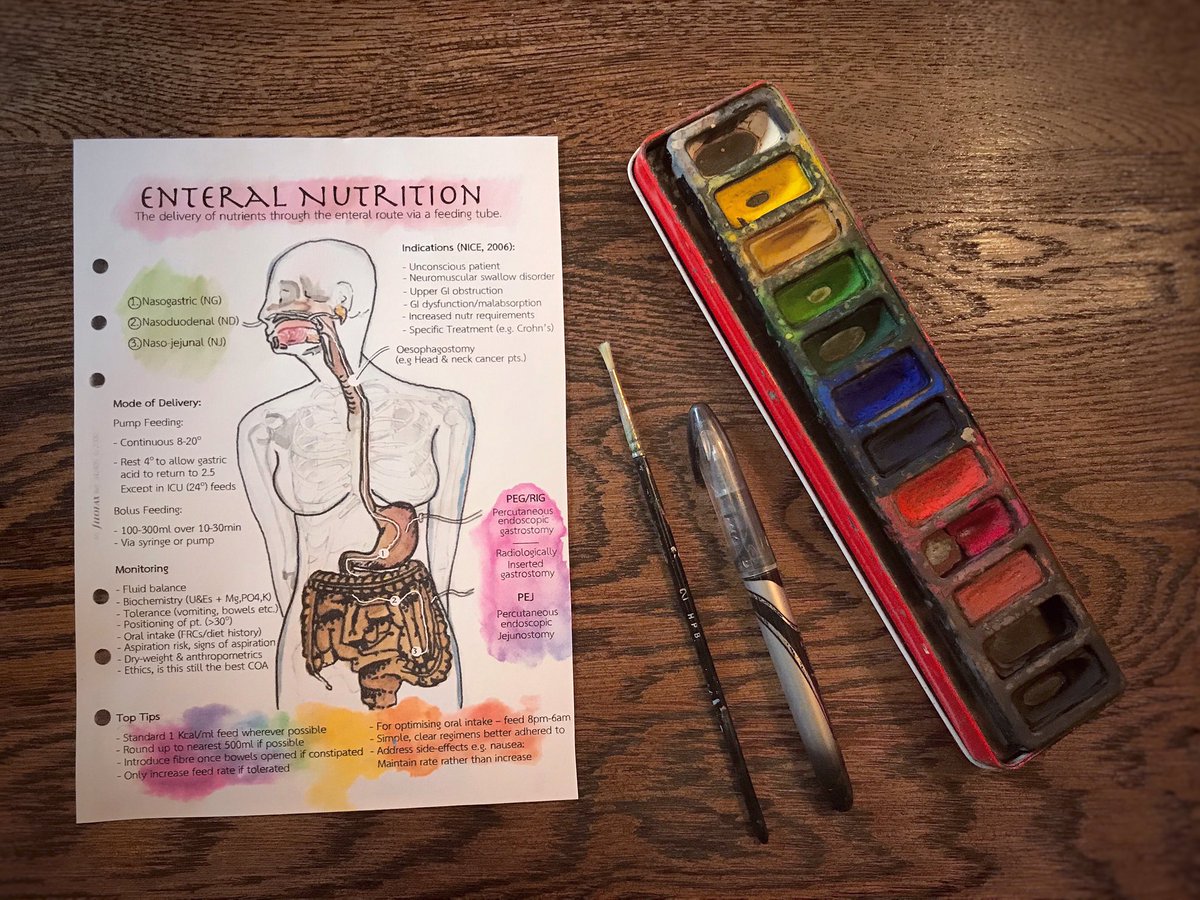 AliBooker_RD's tweet photo. I decided to combine my new found hobby of painting with prep for clinical practice as a temp reg Dietitian 🩺

First up: Enteral Nutrition including indications, mode of delivery &amp; monitoring 🧑🏼‍⚕️

A mix of watercolour with technology 🎨 #RD2B #StudentDietitian #CribSheet https://t.co/IyVA2IesA6