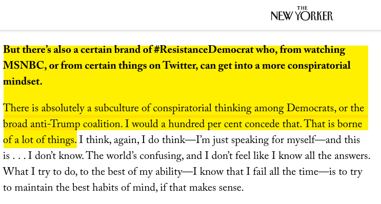 "There is absolutely a subculture of conspiratorial thinking among Democrats, or the broad anti-Trump coalition. I would a hundred per cent concede that" --  @ChrislHayes to  @IChotiner, today: