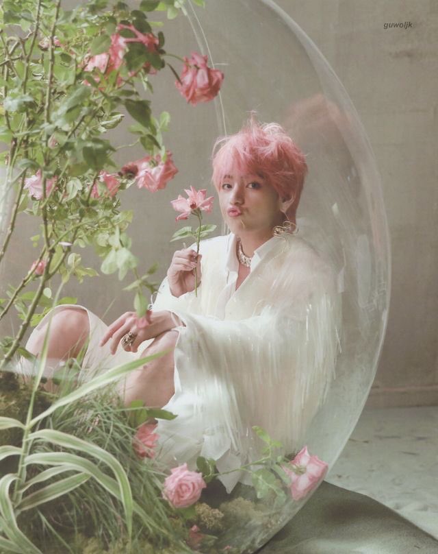 in his pink hair