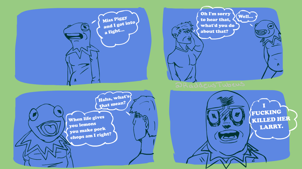 RTubeus's tweet photo. Hey Take a look at my dark humor comics! follow my instagram @raddeustubeus for more:)
#kermitmemes #nichedrawings #artist #animationart #adobe #cooldrawings #memes #meme #artistsontwitter #adobeflash #darkhumor #darkhumorcomics #darkhumormemes #LOUISCULTORDIE #LOUISCULT https://t.co/yYaEYxt92M