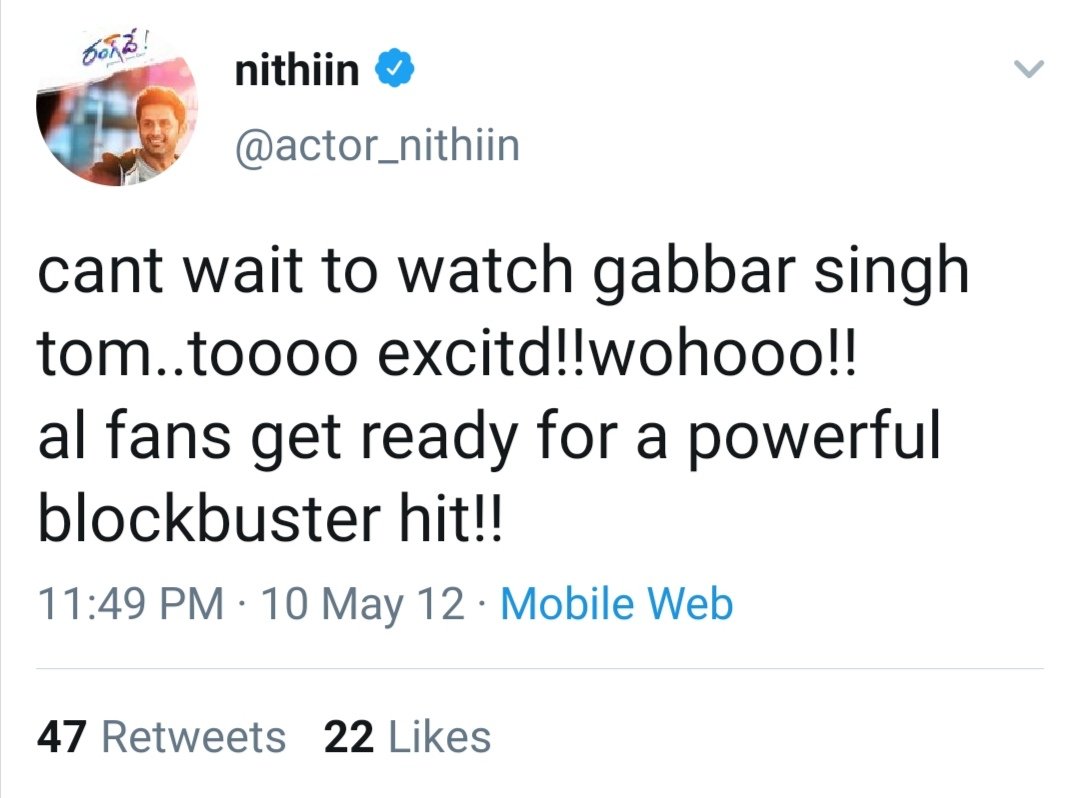 Now I make a thread on celebrities tweets on Gabbar Singh in 2012..Follow this thread & RT.Starting with cult  @actor_nithiin anna  #8YrsOfGabbarSinghHysteria