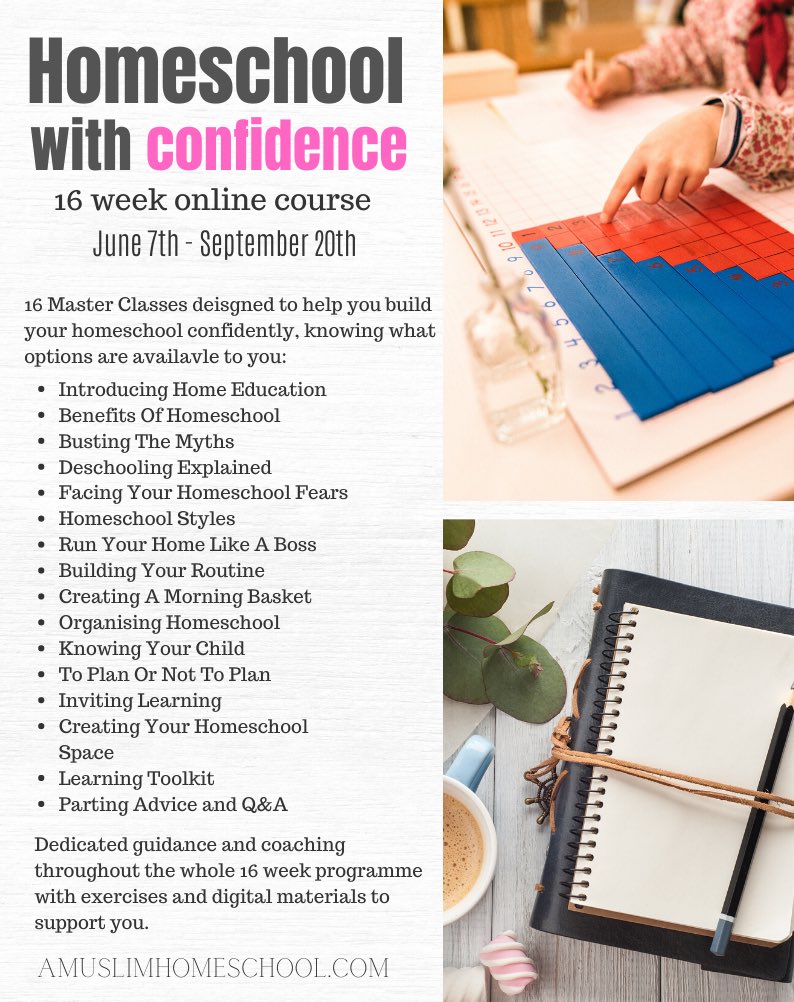 Do you want to homeschool with confidence? My epic 16 week course begins 4 weeks today insha’Allah (June 7th) - take a look at what we’ll cover and what attendees receive here 👇
amuslimhomeschool.com/2020/04/homesc…
#muslimhomeschool #raisinglearners