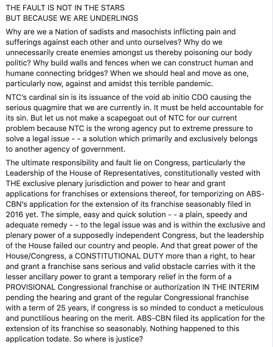 Although NTC's CDO is void ab initio, Salalima says NTC is wrong agency to put pressure on. Says ultimate responsibility, fault lie in Congress, particularly leadership of House of Reps, constitutionally vested with exclusive plenary juris and power to hear, grant franchise. 12/