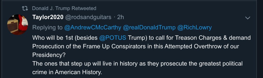 Trump is retweeting calls for the prosecution of Obama-era officials posted by accounts who think Democrats are part of the "New World order"