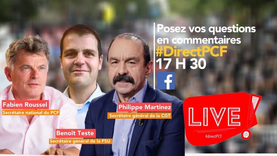 Fabien_Roussel's tweet photo. Mardi à 17h30, nous serons en direct avec Philippe Martinez (CGT) et Benoît Teste (FSU) sur le #directPCF #COVID19 #Deconfinement https://t.co/tPSWctza5J