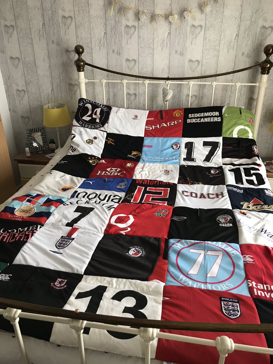 Between making masks, I have been doing my day job and here is my latest Rugby memory quilt. Actually it’s a mixture of Rugby & Football shirts, so a bit different, but still full of memories 🏉⚽️ @EnglandRugby @WinscombeRugby #rugbymemoryquilt #madefrommemories #uniquerecycling