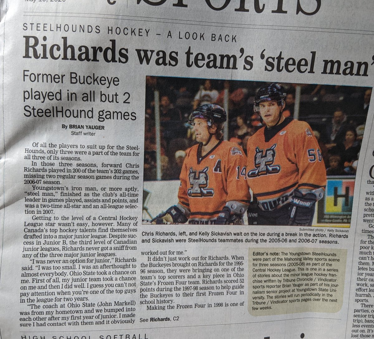 One of my <a href="/youngstownstate/">Youngstown State University</a> senior project students, @_brianyauger, with a Sports 1 look back at the Steelhounds in today's <a href="/TribToday/">Tribune Chronicle</a>. Well done! #YandProud ❤️🐧 #vindy #vindicator #hockey