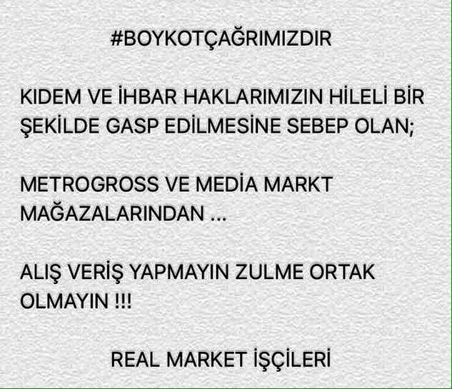 #MetroMarketİşçiDüşmanıBoykot edinki yasal tazminat haklarımızı gasp edenlere prim vermeyin yarın başka sermaye başka parababaları buna tenezzül edemesin çok zor değil alışveriş yapma yaptırma