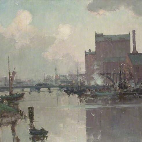GrimsbyFishing's tweet photo. For #NationalMillsWeekend we're sharing some beautiful local mills from our #art collection. 
This stunning #painting of #VictoriaMill, #CorporationBridge &amp; #AlexandraDock is by local #artist #HerbertRollett (1872–1932)
#Grimsby #Lincolnshire #industrialheritage #Culture https://t.co/YkfqyAQl4s