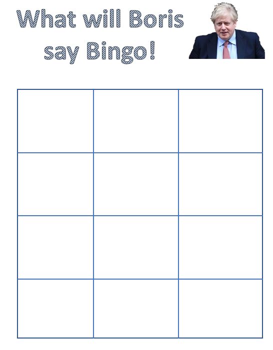 gailthall's tweet photo. @jimmycarr Here's a fun game for all the family! "What will Boris say Bingo!!" You have until 7 to make your choices and we'll see who wins #borisbingo https://t.co/ZayXcuzi8h