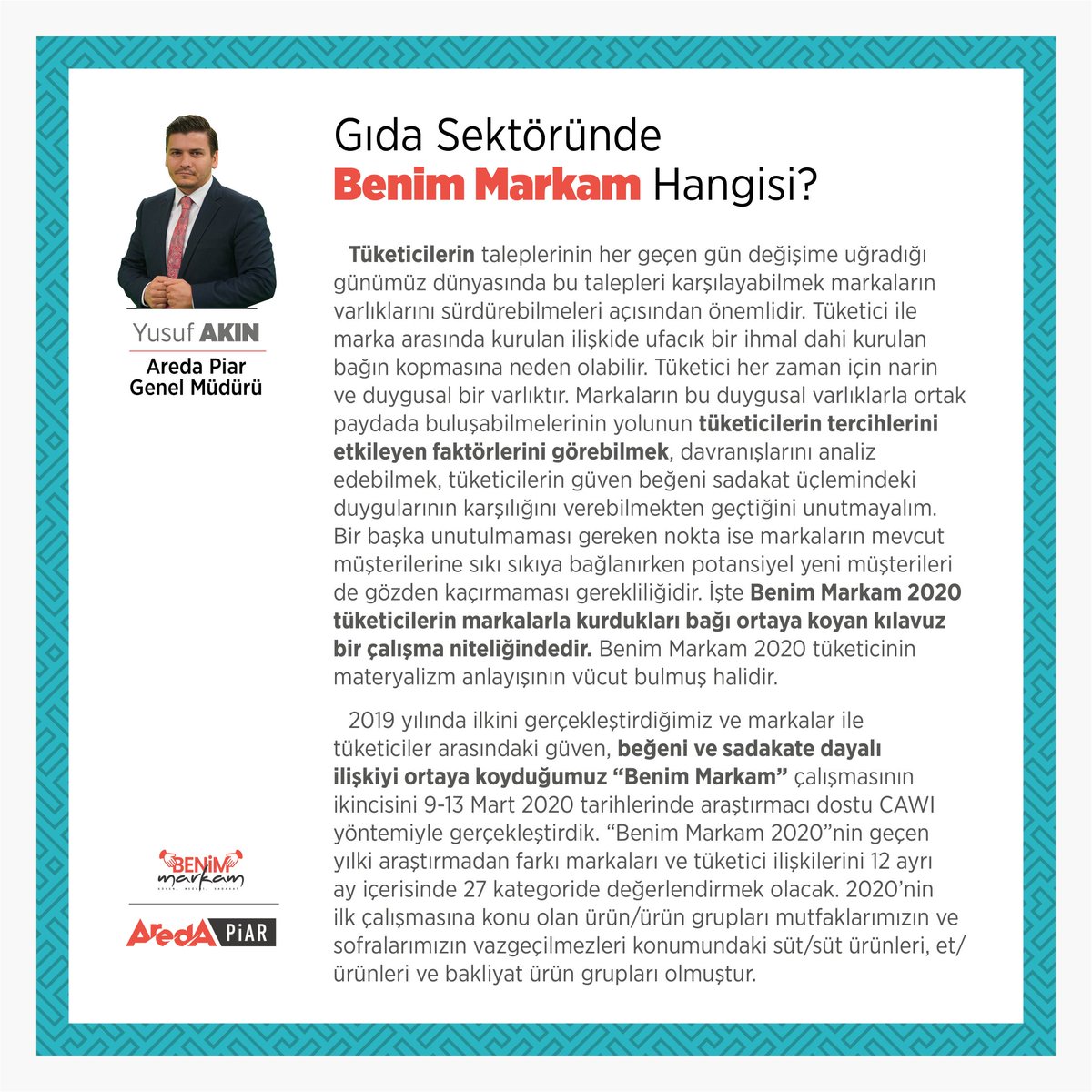 aredasurvey's tweet photo. Genel Müdürümüz Yusuf Akın gıda sektöründe gerçekleştirdiğimiz 'Benim Markam' araştırmasını değerlendirdi

Gelecek ayın konusu 'Banka ve Mobil Bankacılığın aynası'

#benimmarkam #aredapiar https://t.co/aMSg3LTJM7