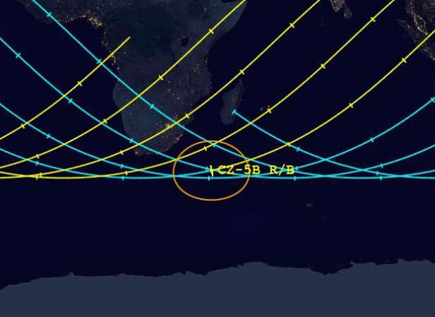 If you want updates,  @AerospaceCorp has a reentry prediction tracker on their site. Current estimate is 6:30P ET/5:30 P CT Monday May 11 but +/- 17hrs! A full orbit only takes ~90 mins. Predicted to land off the east coast of southern Africa.  https://aerospace.org/reentries/cz-5b-rocket-body-id-45601
