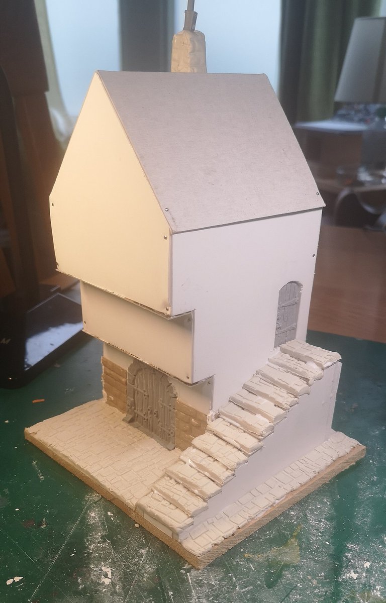 ... And I think that's as far as I will get with it today!Next step will be to add the timber work using balsa wood.While I was doing all this, I also added flagstones to the bases of the other houses, so I think I'll do all the balsa work on them together. #warmongers  #ttrpg