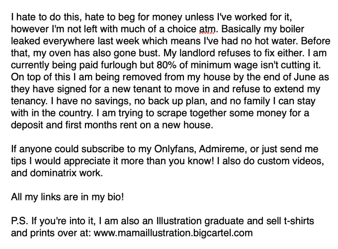 Hello! Sorry to be a beg but I'm really struggling financially at the moment and would love if you could