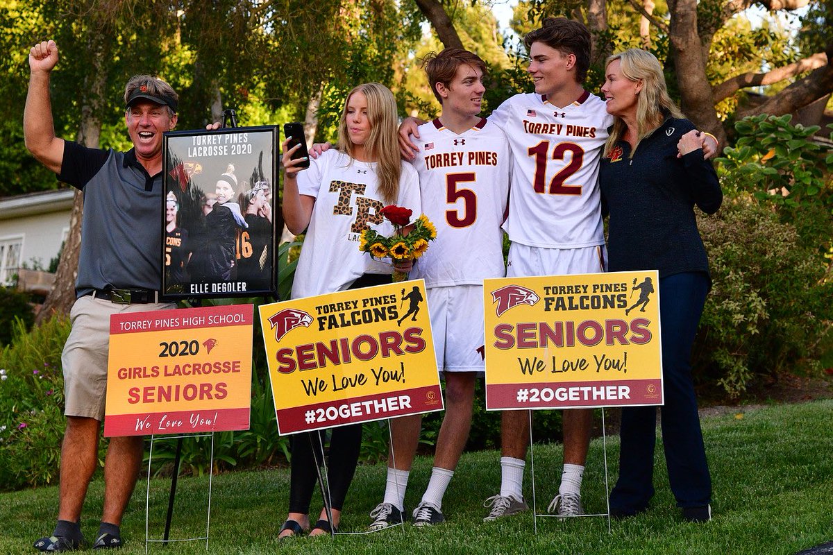 sdegoler's tweet photo. Crazy sign of the times when our triplet seniors ⁦@TorreyPinesHS⁩ had to do their senior Lacrosse walk down our home’s driveway.  ⁦@torreypineslax⁩  thank you for your support.  Onward.  #FreshUniforms #beatCovid https://t.co/ZSd3TXBR4N