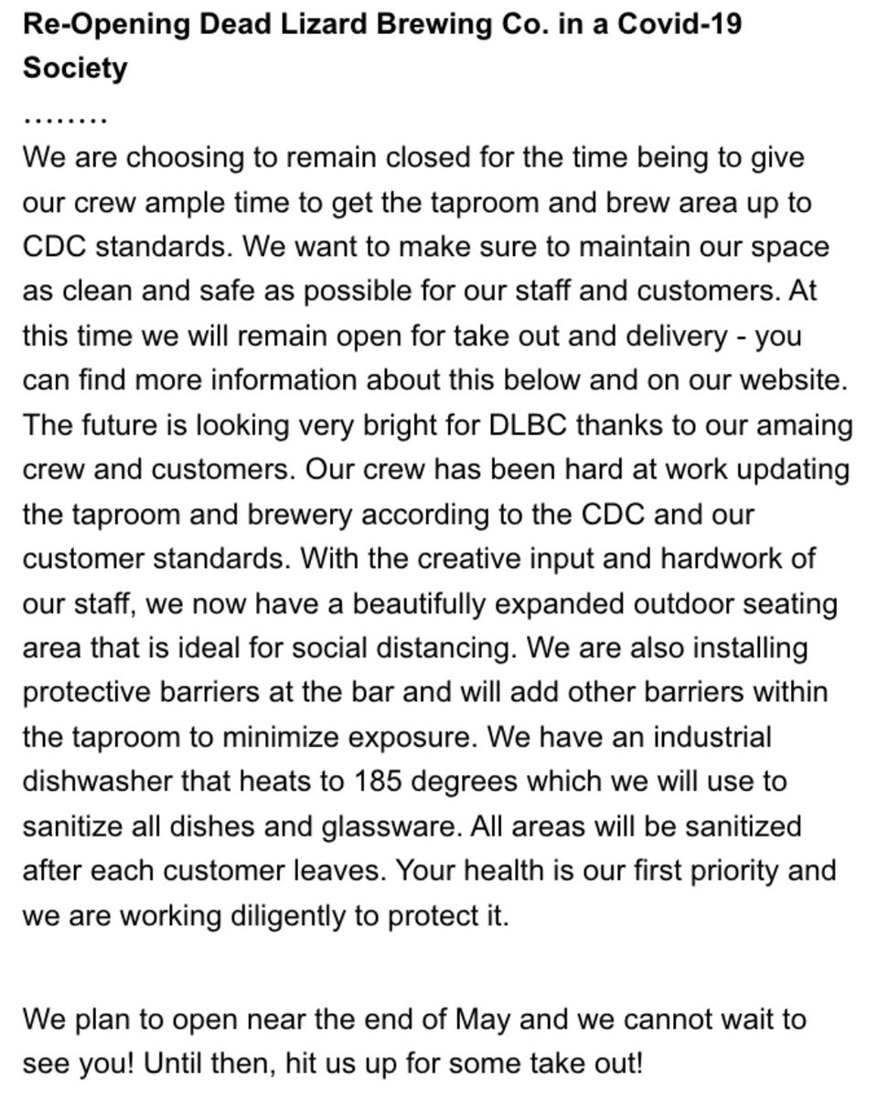 DeadLizardBrew's tweet photo. Re-Opening Dead Lizard Brewing Co. in a Covid-19 Society
.
.
We will keep the taproom closed but will still be open for take out and delivery! 
.
#deadlizard #localbreweries #dlbc #craftbeerorlando #orlandobeer #orlando #reopening #slowyourrole #drivethruopen #takeout #delivery https://t.co/YSIFMlnPQS