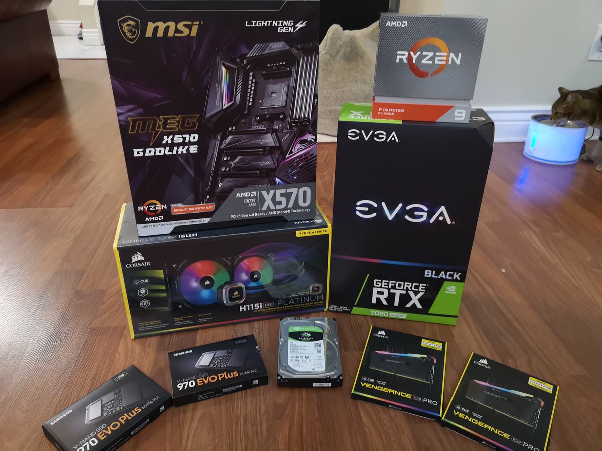 Welp it's been 3.5 years since I built my PC. Time to upgrade! AMD Ryzen 9 3950X 16 Core CPUMSI MEG X570 Godlike MBEVGA GeForce RTX 2080 SuperCorsair H115i Plat Liquid CoolerSamsung NAND 970 EVO PLUS x 3128 GB Corsair Vengeance Pro DDR4 3600Mhz8TB Seagate Storage HD