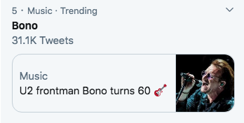 U2Community's tweet photo. Won't you look at that now, #Bono60 trending, sure we can get it higher on yer man's big birthday...

See ya'all later in the Zoo for the #U2SlaneCastle show party, come over and share a glass... refugees welcome. 🍾🥂🎙️ 

https://t.co/XlniaFaS9i https://t.co/1bgHPOwC1F