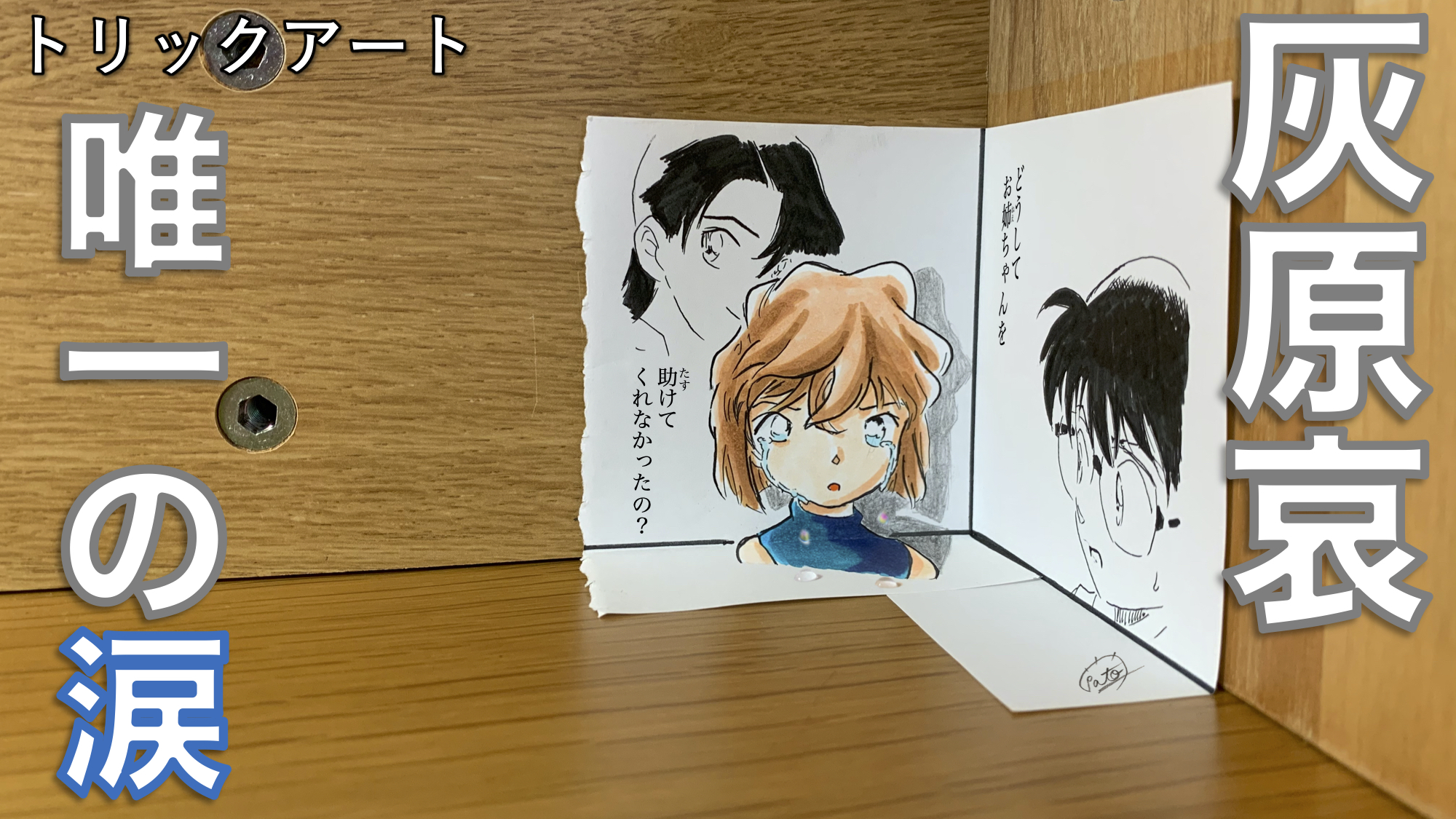 Twitter 上的 たわん トリックイラスト 絵 名シーン コナントリックアート 灰原が原作で唯一泣いたシーン 林原めぐみさんの演技に号泣 助けようとしたコナンのことも宮野明美の性格も知っているから余計切ない 灰原の涙で紙が濡れても決して拭けません